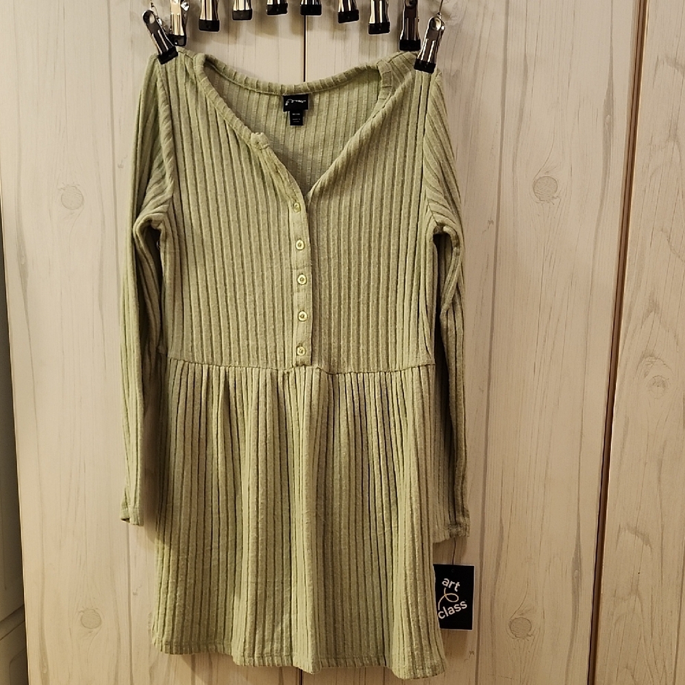 Art Class Olive Ribbed Button-Up Dress